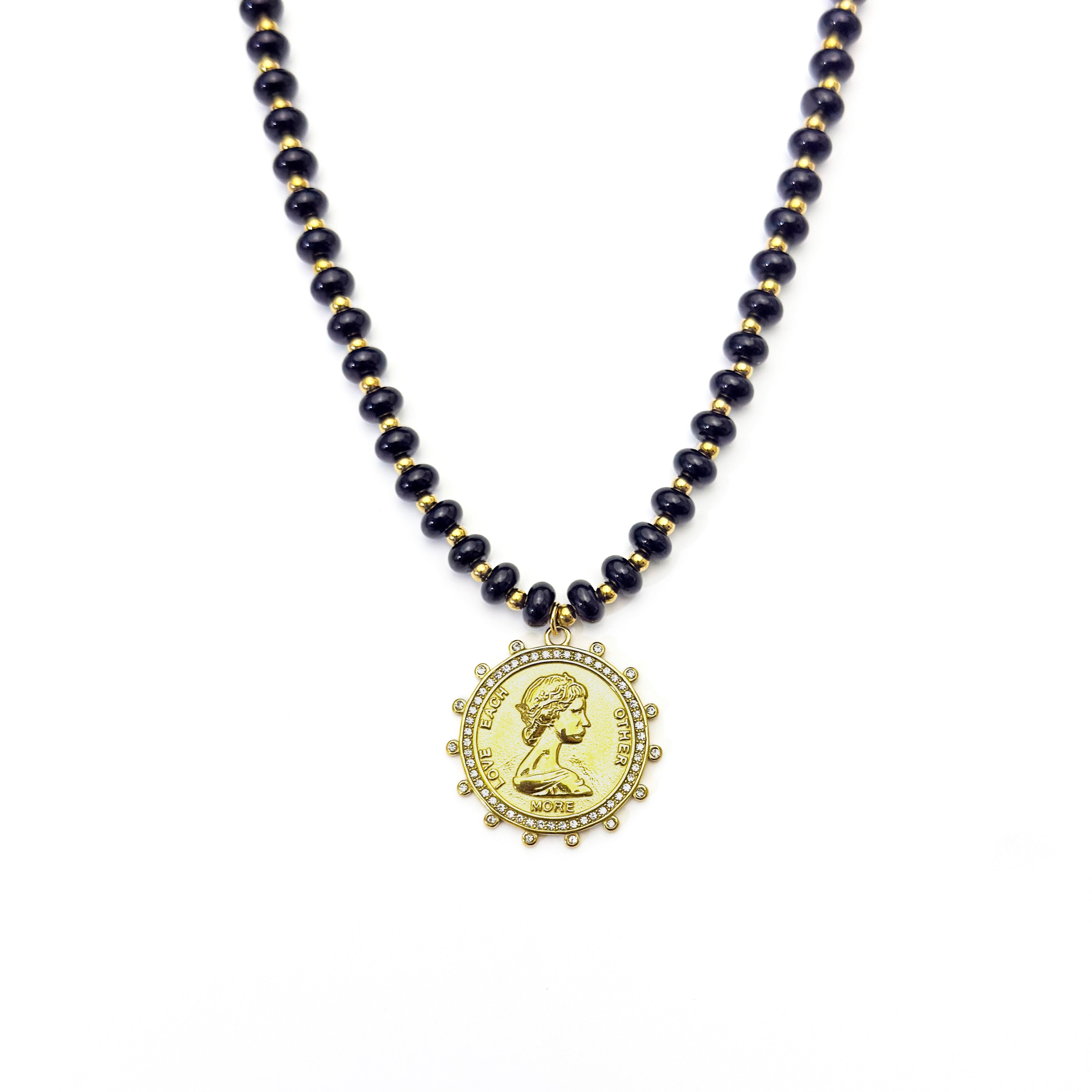 Black Gemstone Coin Necklace Water Resistant
