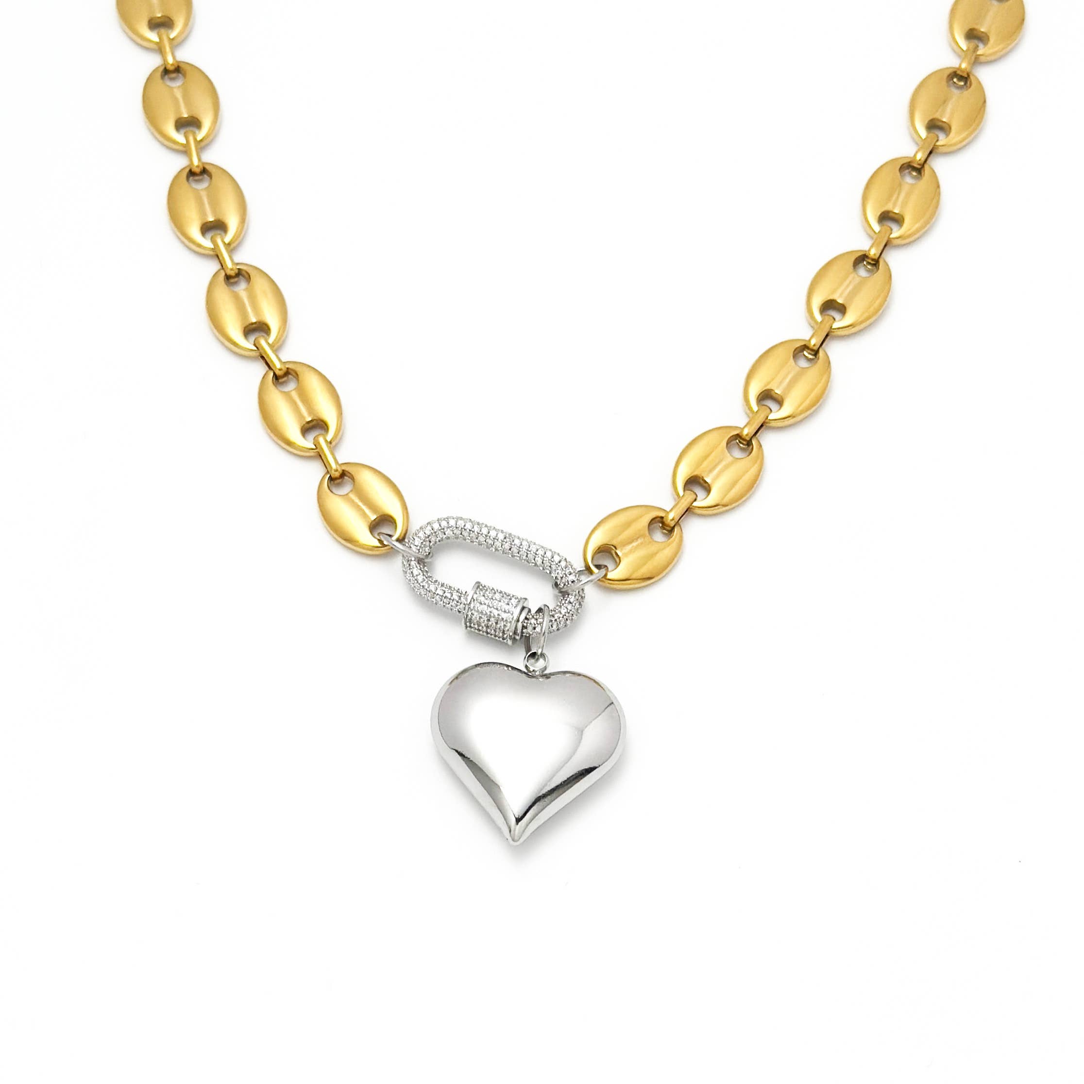 Mariner Heart CZ Pave Carabiner Necklace  Water Resistant