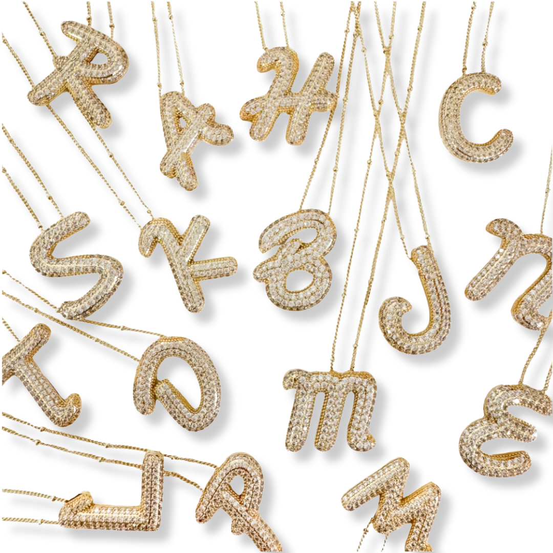 New* Initial SCRIPT CZ Balloon Bubble Gold Necklaces