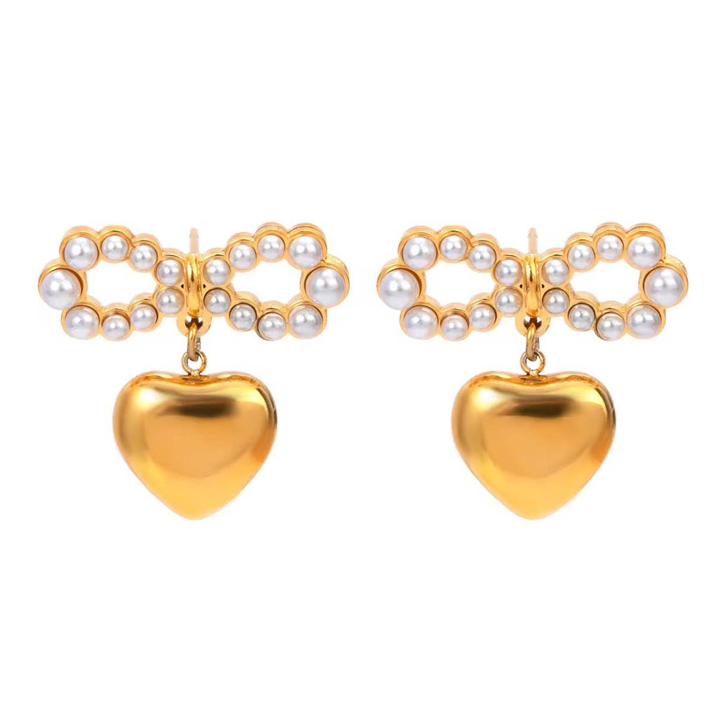 Pearl Heart Bow Earrings  Water Resistant