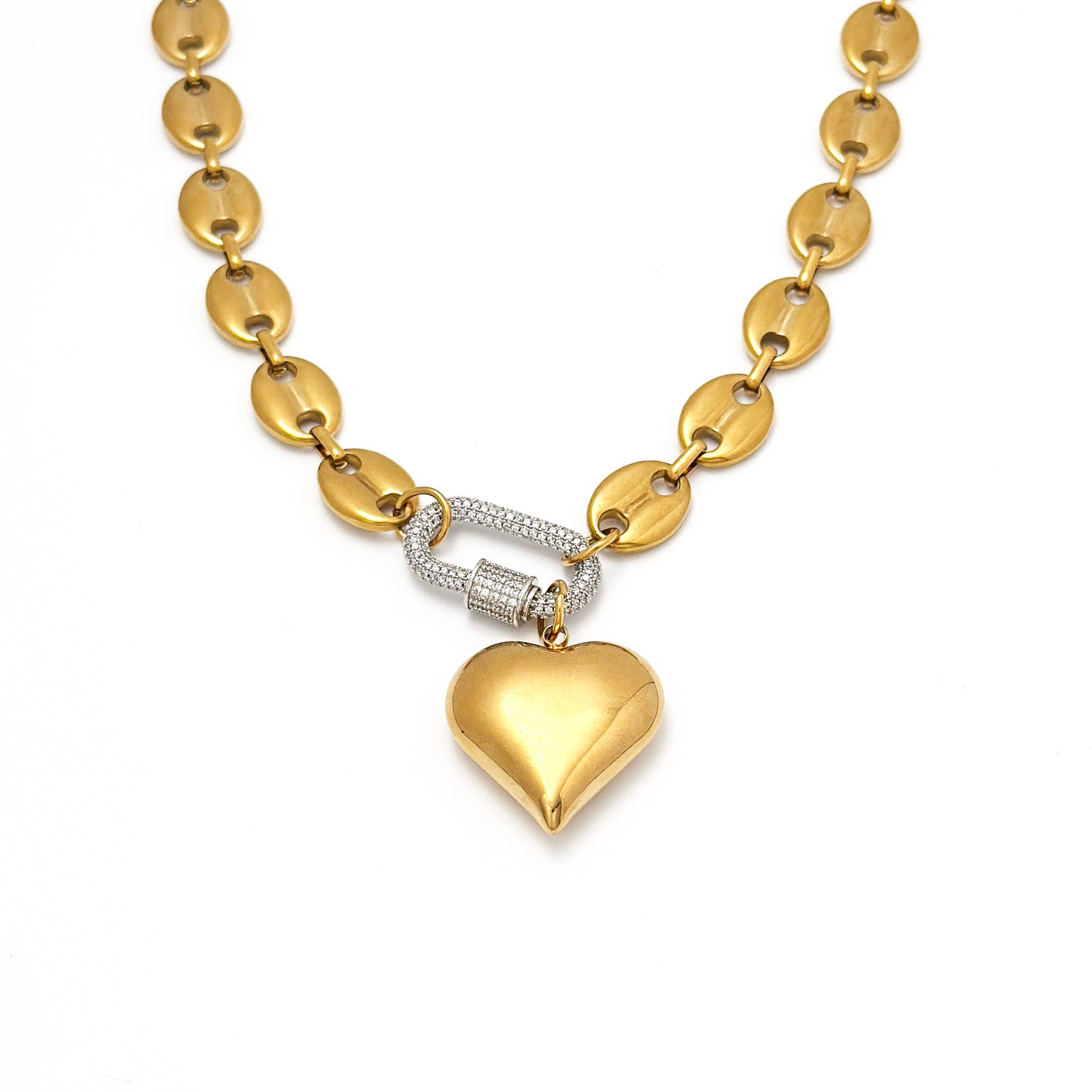 Mariner Heart CZ Pave Carabiner Necklace  Water Resistant
