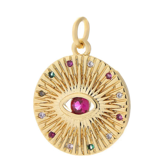 Pink Round Eye Sunburst Charm For Charm Necklace & Bracelet