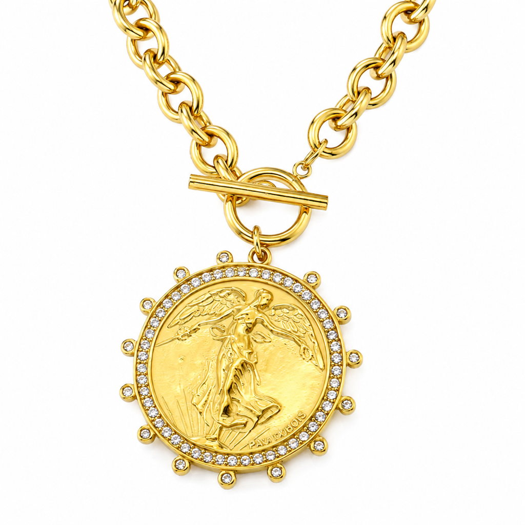 Victory Angel Coin Toggle Necklace Water Resistant