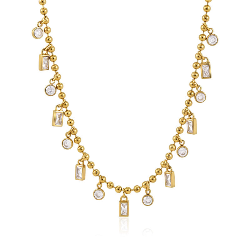 Beaded Bezel Baguette & Round Necklace Water Resistant
