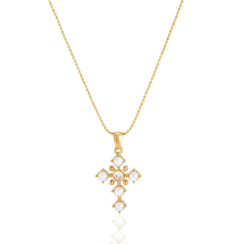 Pearl & CZ Cross Necklace Water Resistant