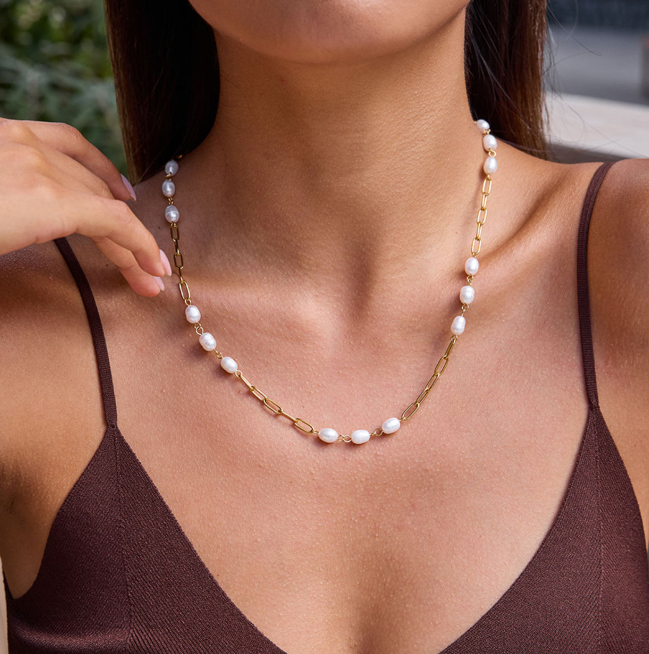 Fresh Water Pearl Trio Paperclip Necklace Water Resistant