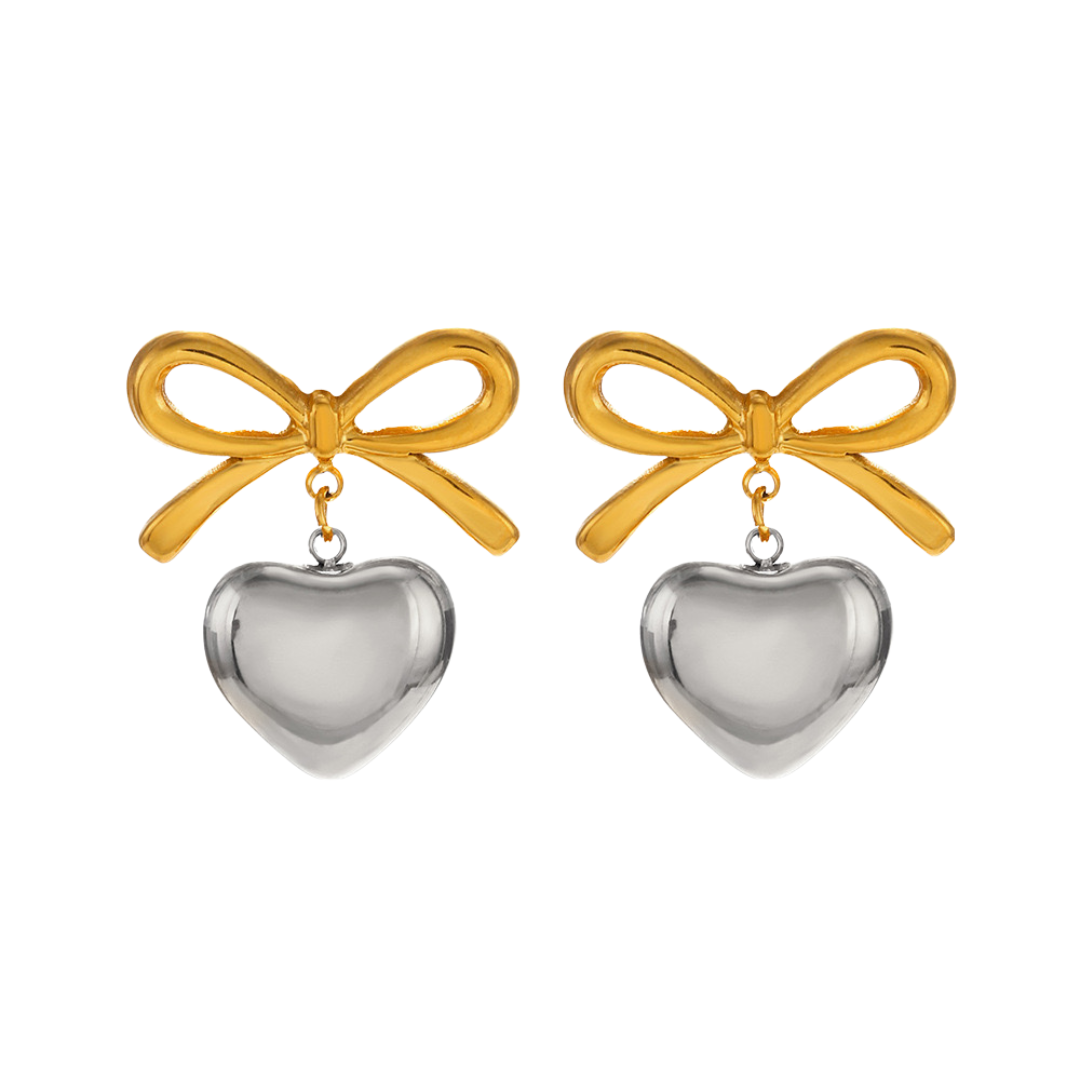 Gold Heart Bow Earrings Water Resistant
