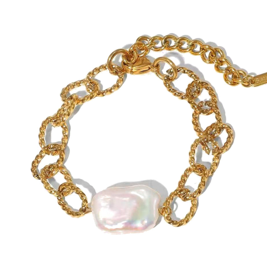 Gold Textured Chain Bracelet Freshwater Pearl Waterproof
