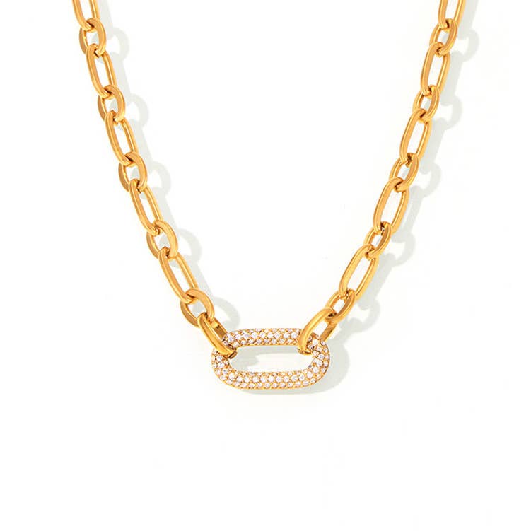 CZ Pave Oval Paper Clip Necklace Water Resistant